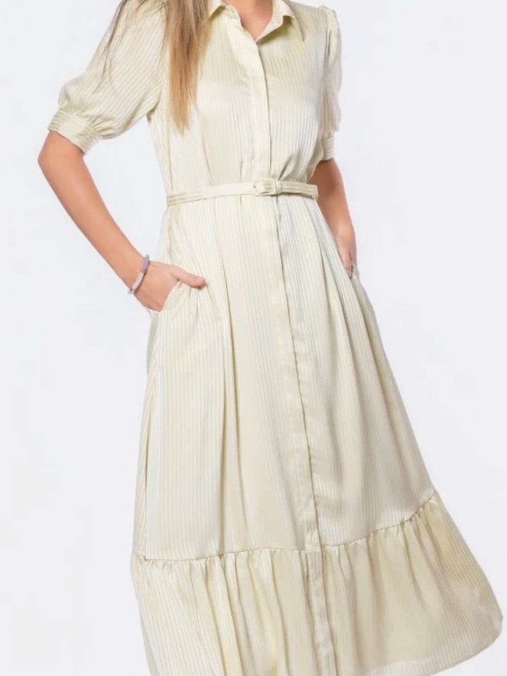 Classic yellow Button-Front Midi Dress with Belt